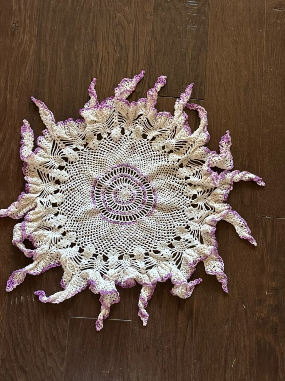 Handmade Crochet Doily With Purple Accents 15" Diameter Intricate Sunburst Desig